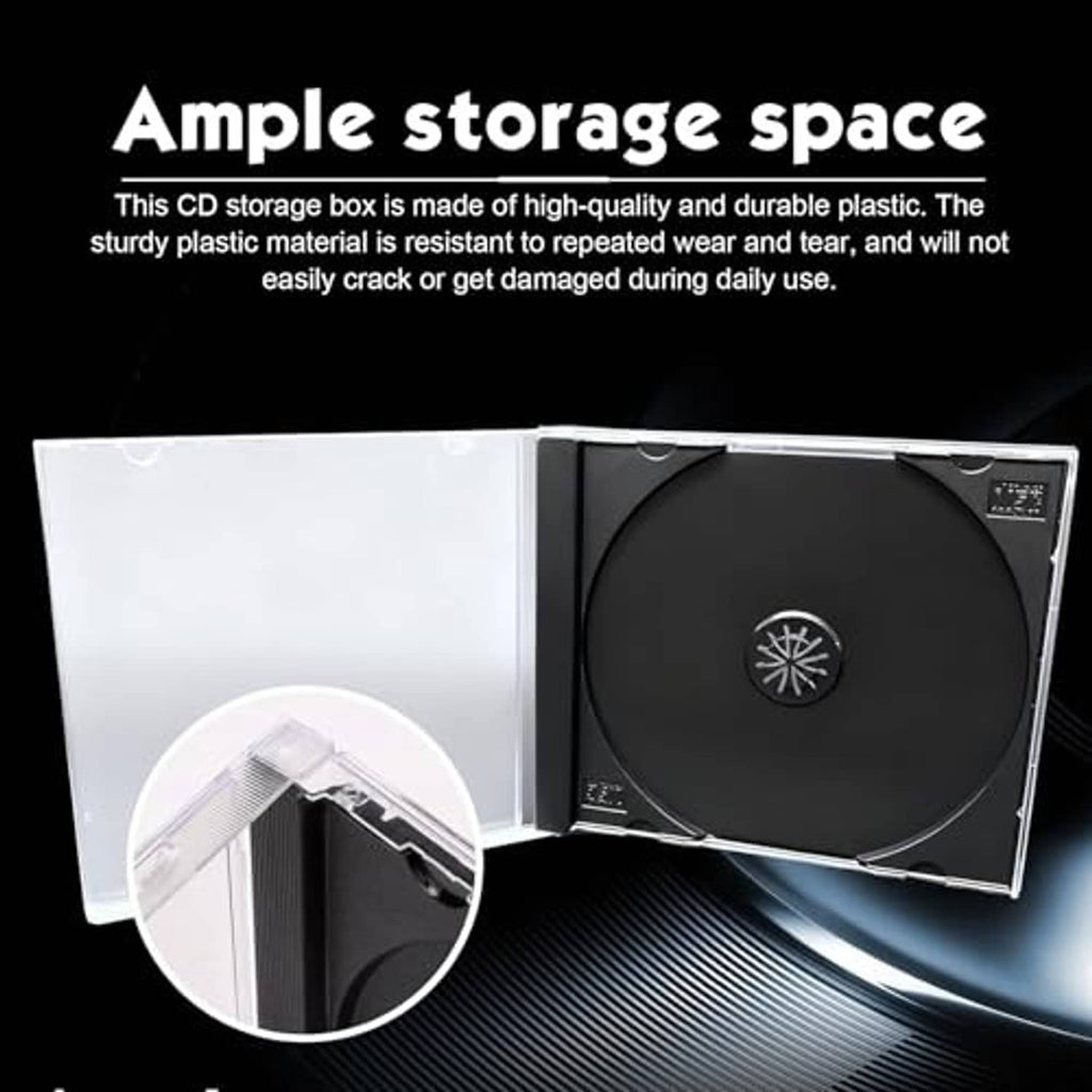 Clear CD jewel case with flip cover open, showing black single-disc tray