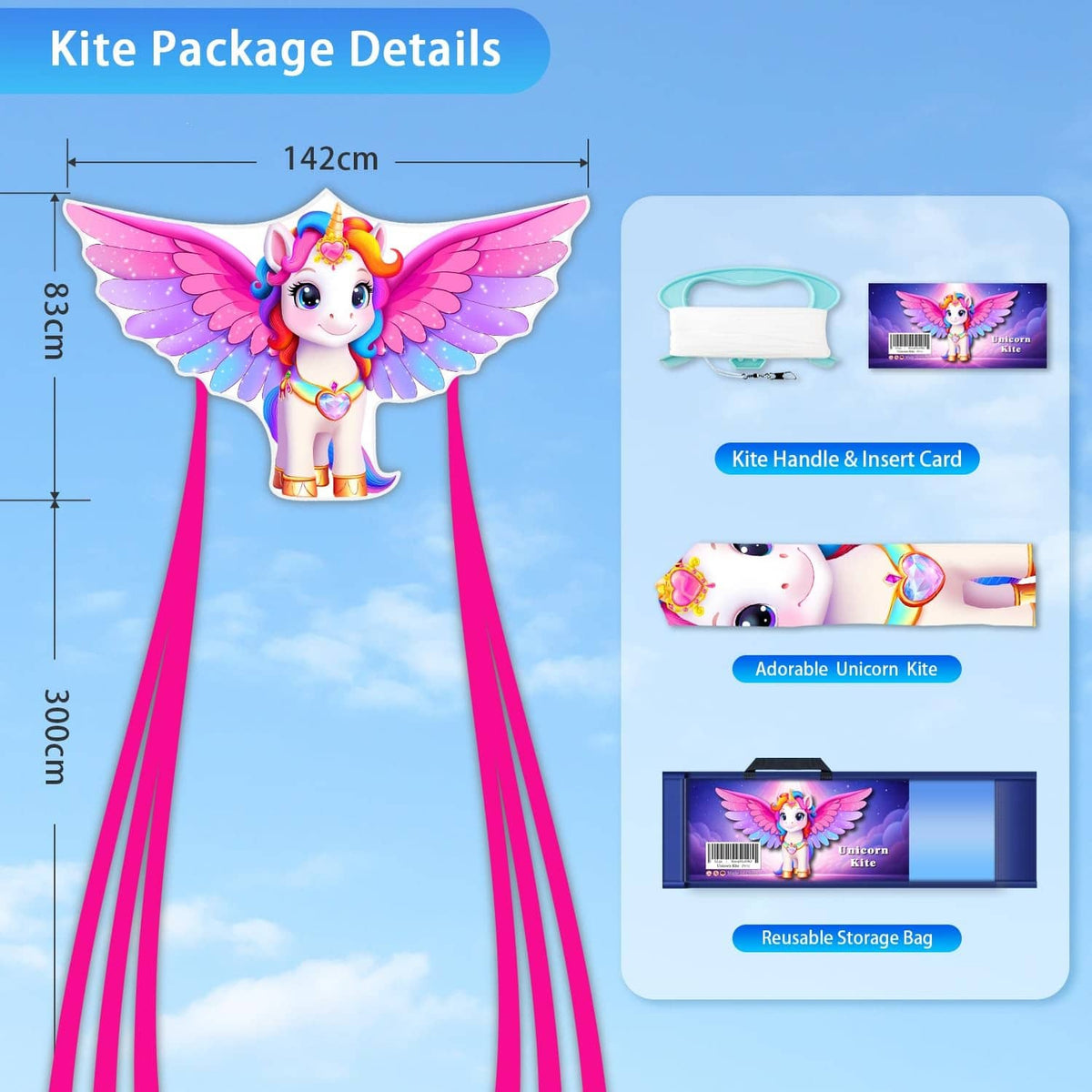 Unicorn kite package showing pink winged unicorn kite and storage bag