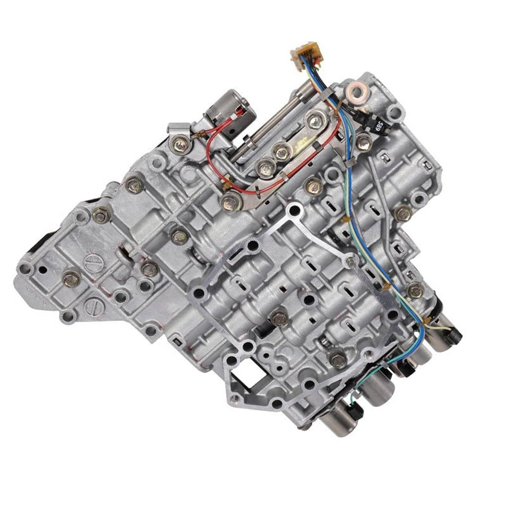 Transmission valve body assembly with solenoid and colored wiring on angled silver housing