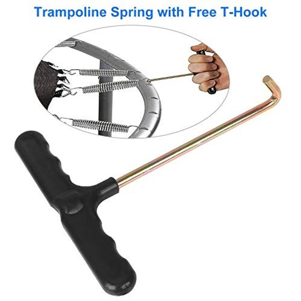 Trampoline spring with T-hook and black pull handle for replacement installation