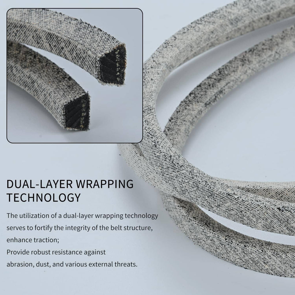 Gray speckled mower deck belt with dual-layer woven wrapping detail