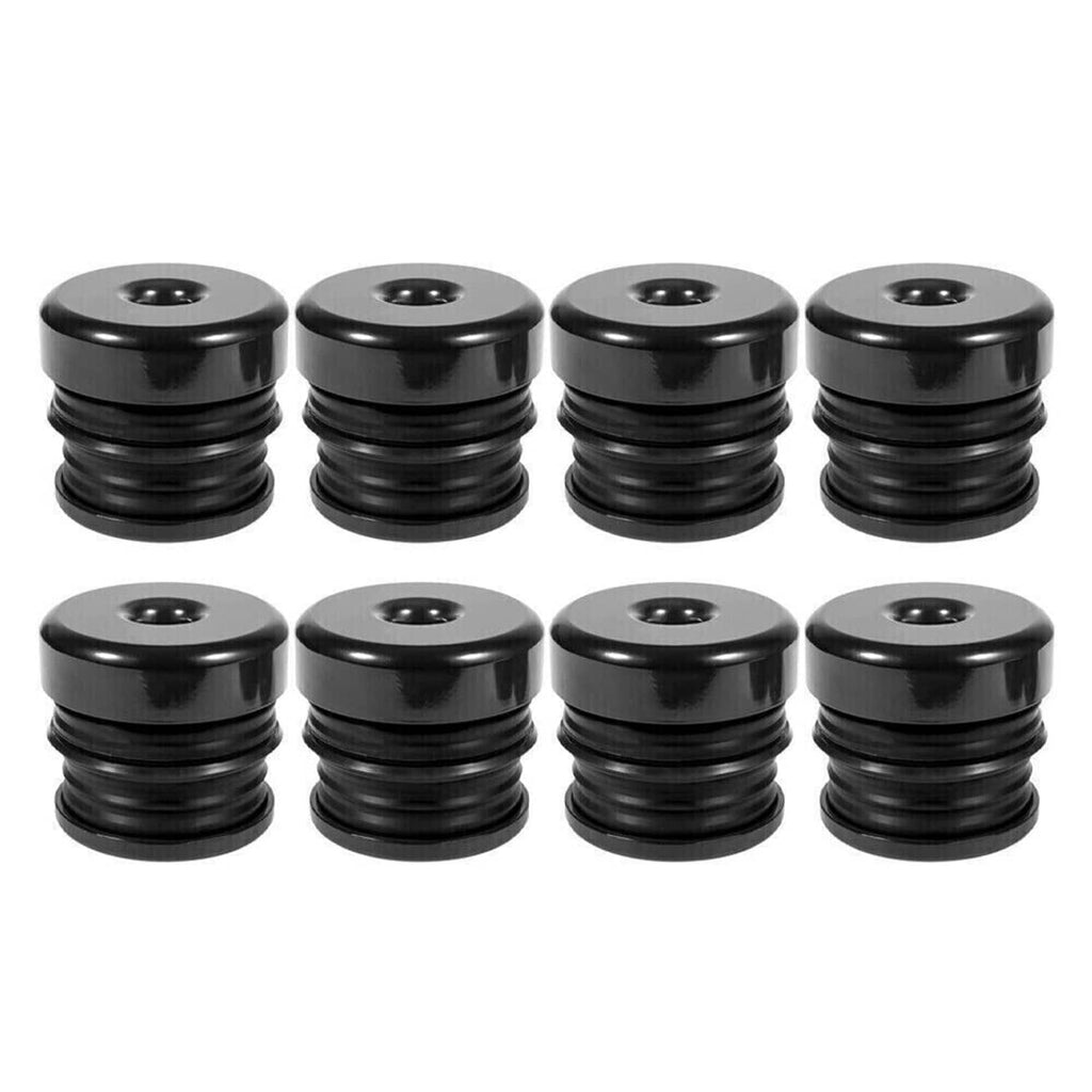 Shiny black body mount bushings set, stacked with center holes on top
