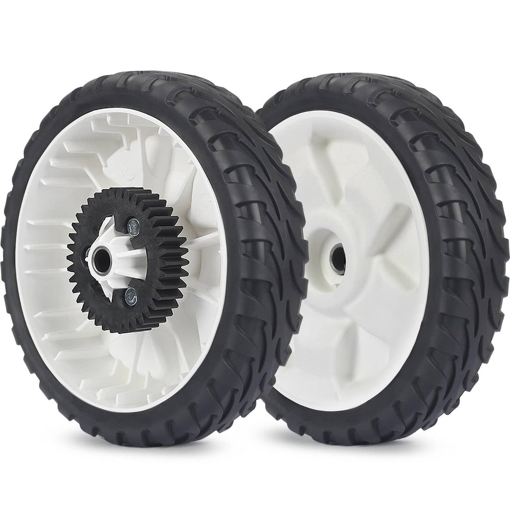 Rear wheel set with black tires, white rims, and black plastic gear hubs