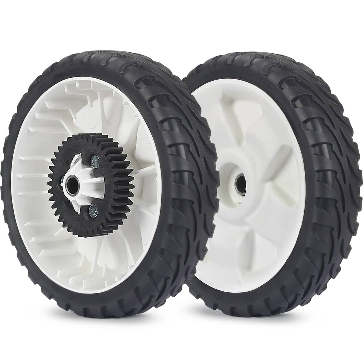 Rear wheel set with black tires, white rims, and black plastic gear hubs