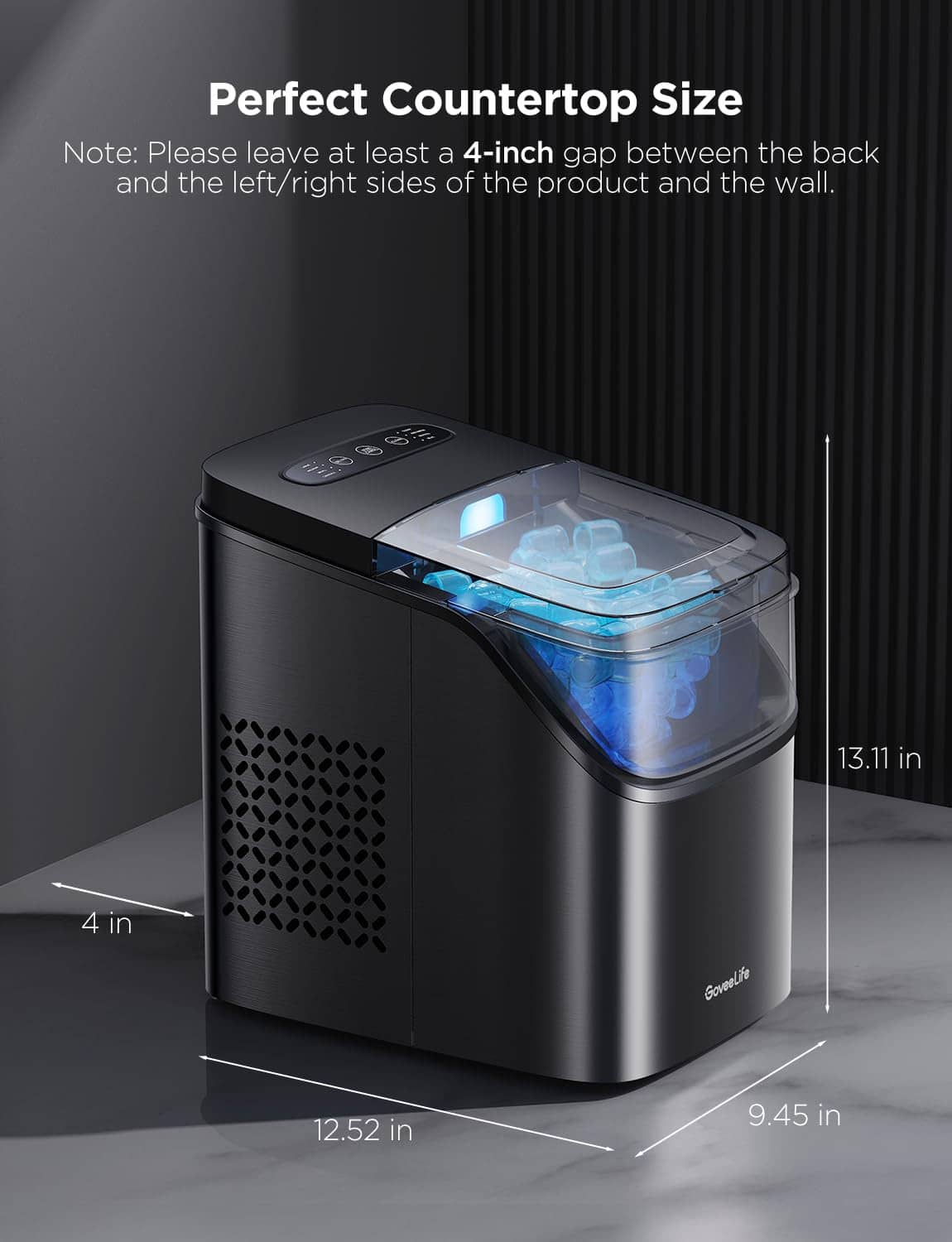 Compact countertop ice maker with blue-lit viewing window and black stainless body