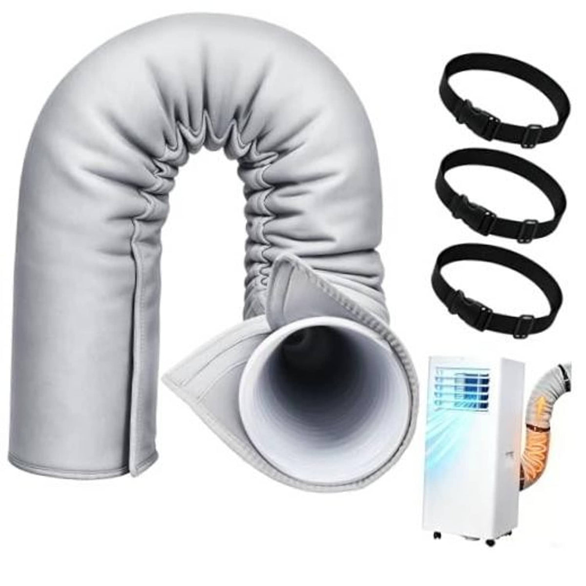 Gray insulated AC hose sleeve cover with circular open end and elastic straps