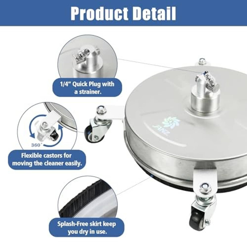 Stainless steel surface cleaner with 1/4 quick-plug nozzle, casters, and splash skirt