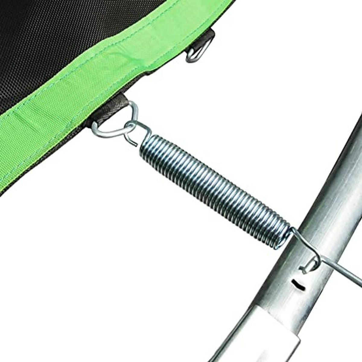 Trampoline mat edge with metal spring and hook attachment to trampoline frame