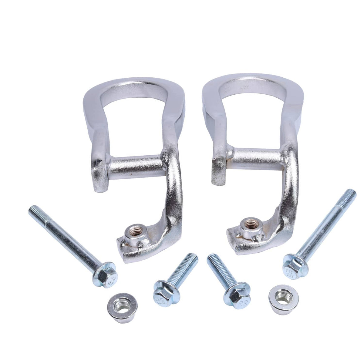 Pair of chrome tow hooks with mounting brackets and several bolts and nuts