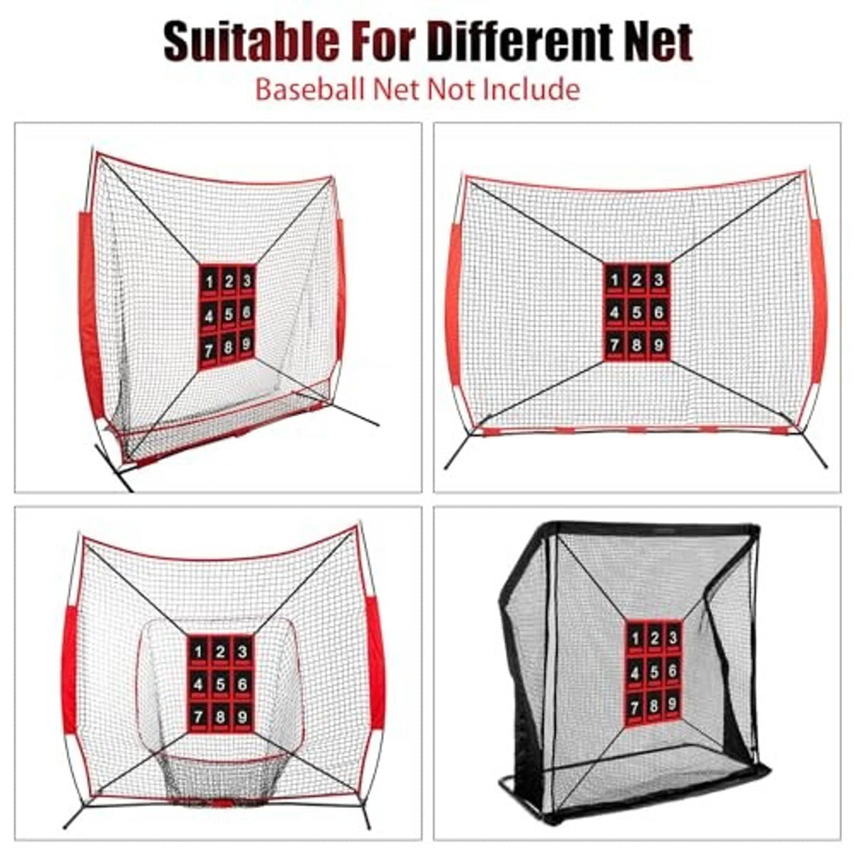 Set of strike zone target net views with red frame and black 1–9 numbered grid
