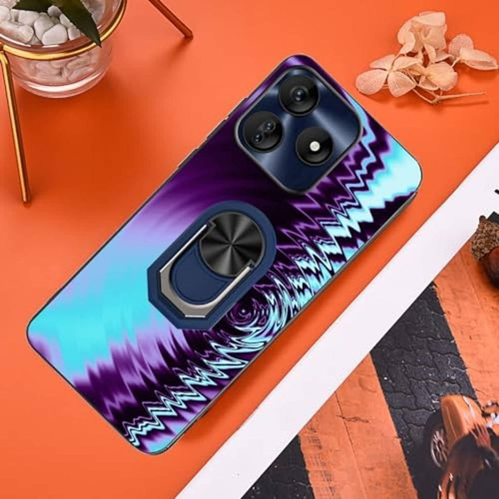 Phone case with iridescent purple-blue zigzag design and built-in ring kickstand