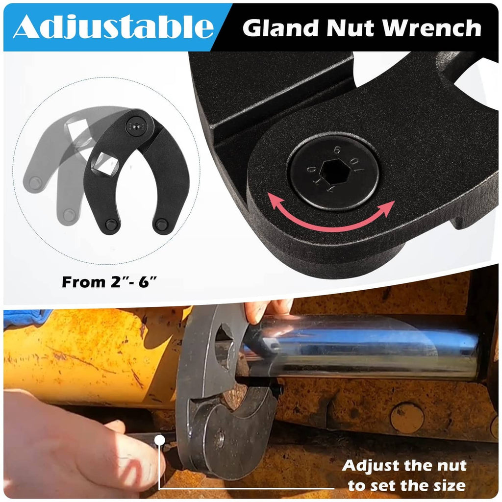 Black adjustable gland nut wrench with rotating adjustment dial for jaw size