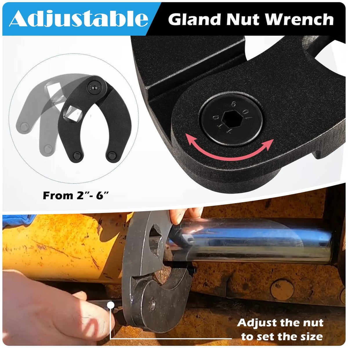 Black adjustable gland nut wrench with rotating adjustment dial for jaw size