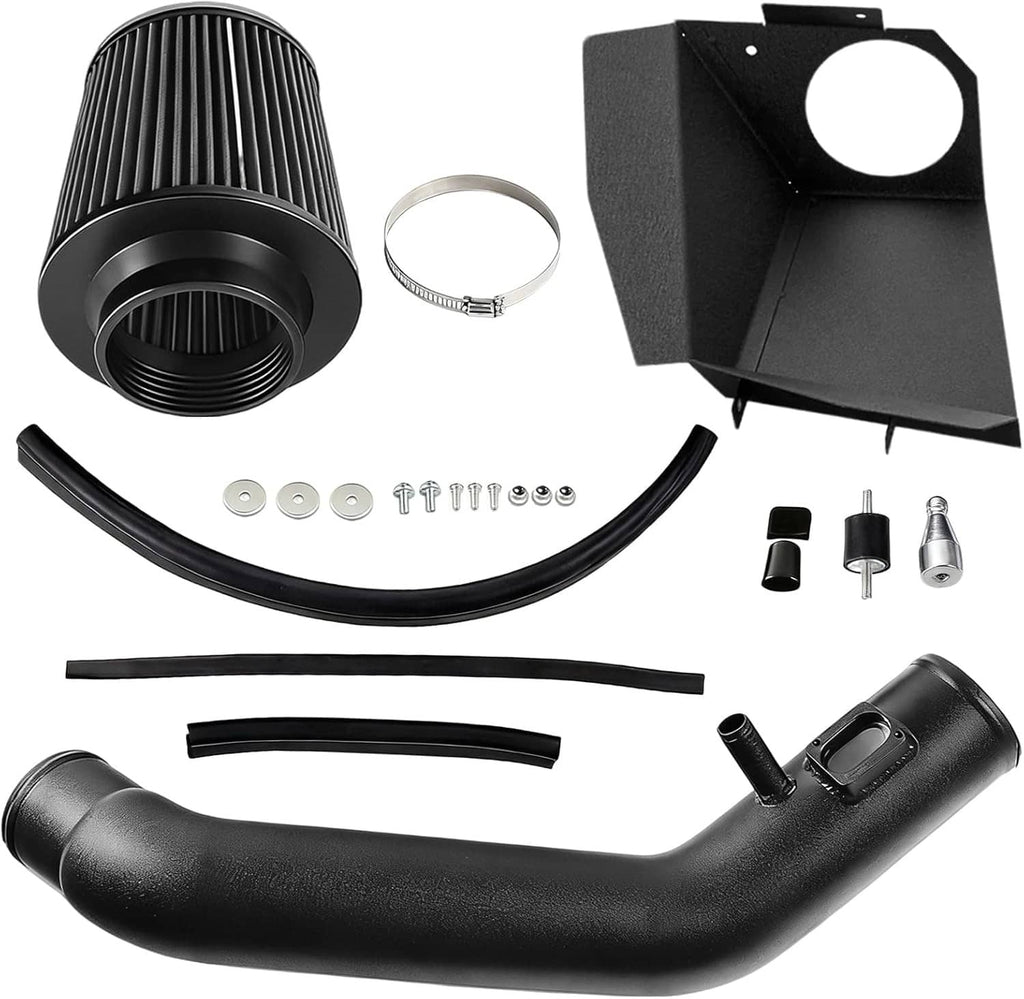 Black cold air intake kit with cone filter, curved intake hoses, mounting plate and fittings