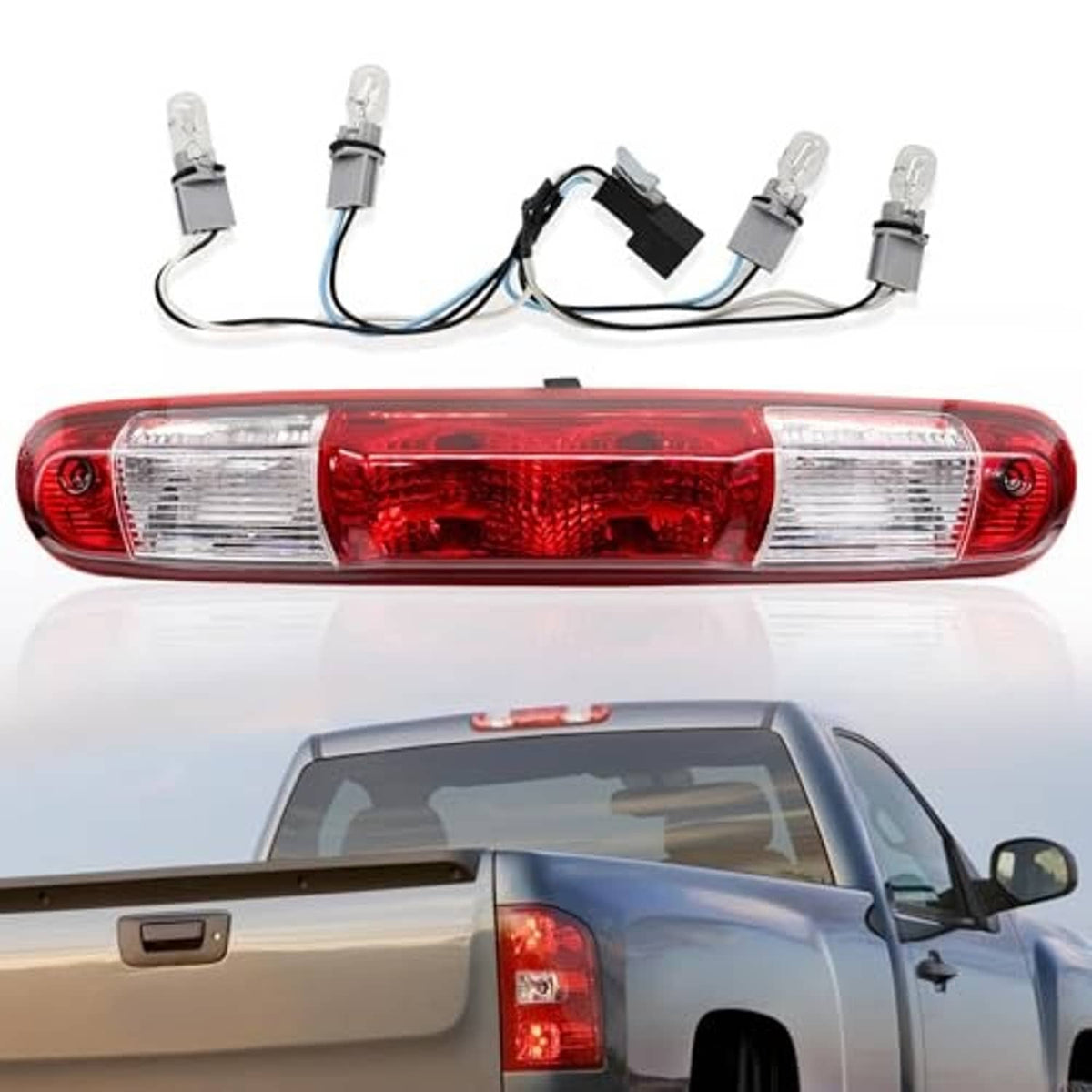 Rear center high mount brake light with red and clear lens sections and wiring