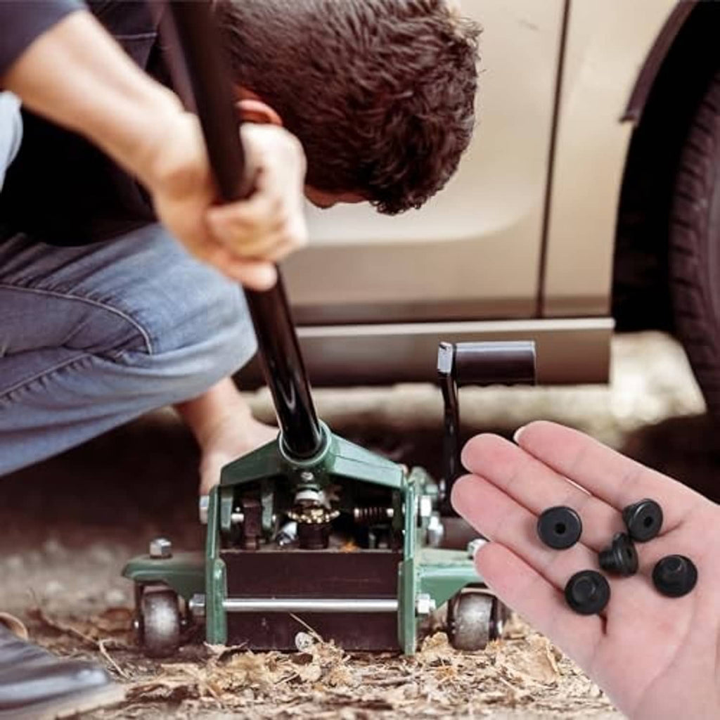 Rubber hydraulic jack oil plugs, flat-head caps with center holes in hand