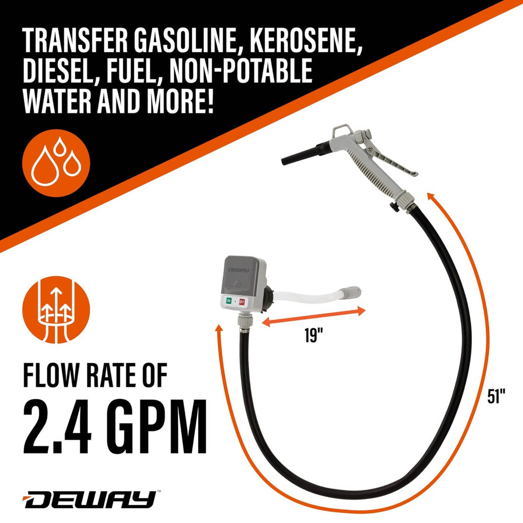 Fuel transfer pump with hand-trigger nozzle and black rubber hose, gray control box