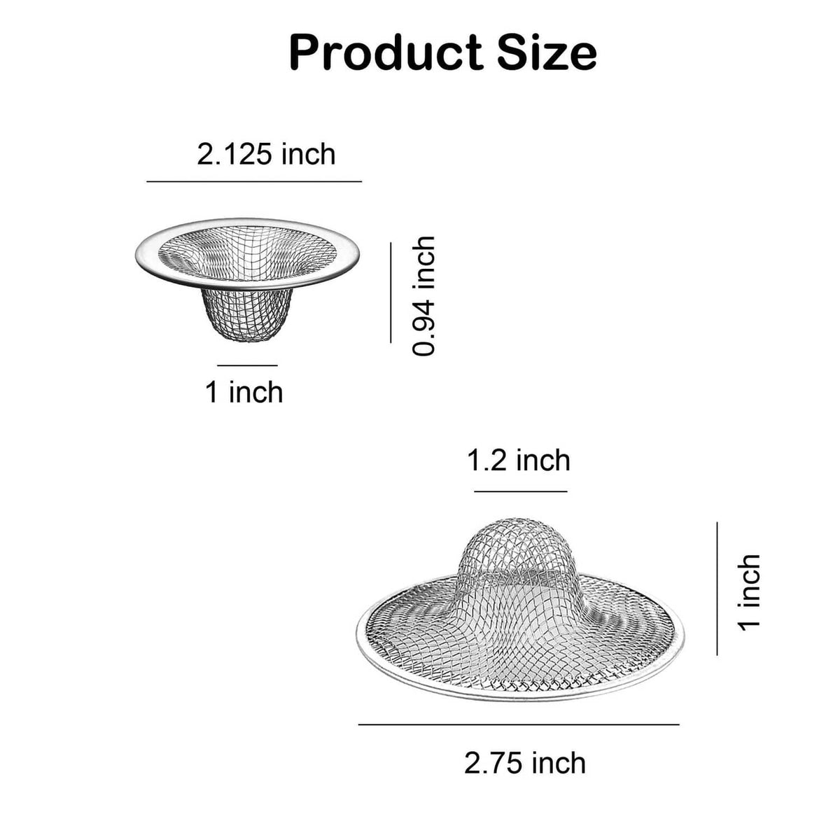 Round mesh drain strainer set, 2 sizes shown: 2.125 in and 2.75 in baskets