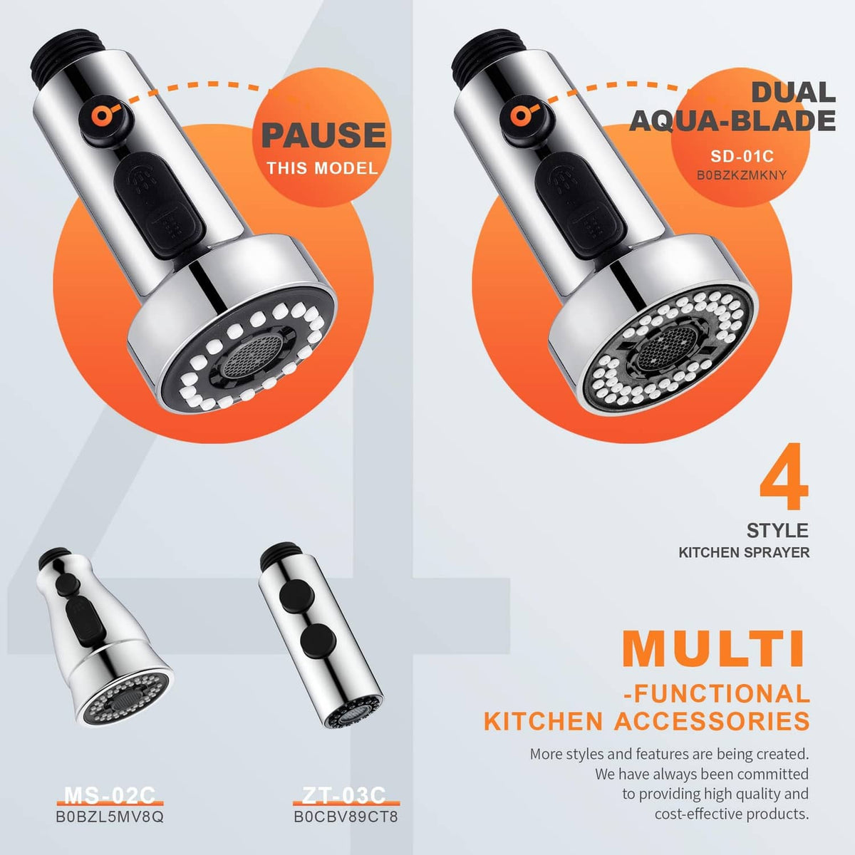 Chrome kitchen faucet spray head replacement showing multi-mode spray and pause