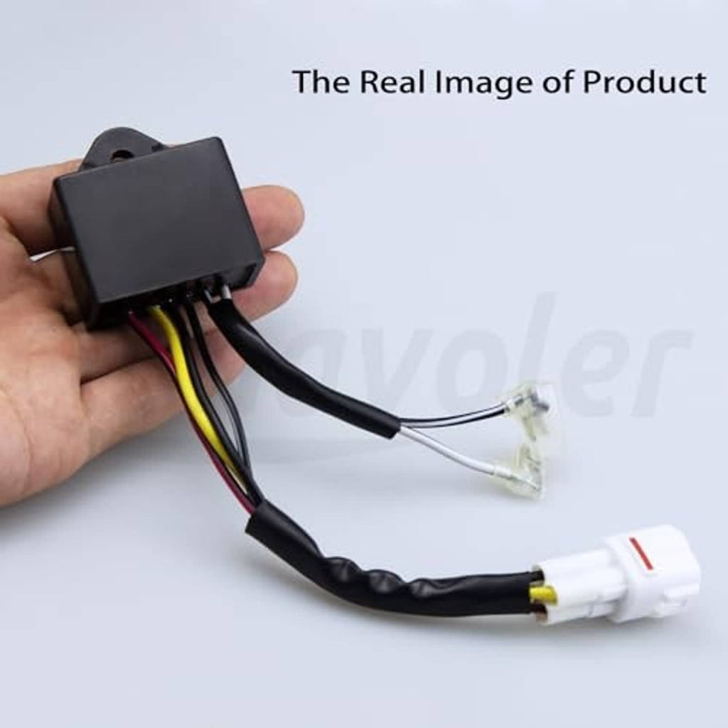 Hand-held CDI ignition module with black box housing and white connector plugs
