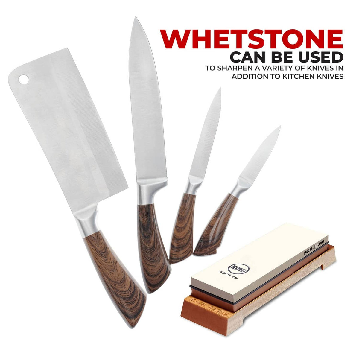 Brown whetstone for knife sharpening with three knives and wooden base