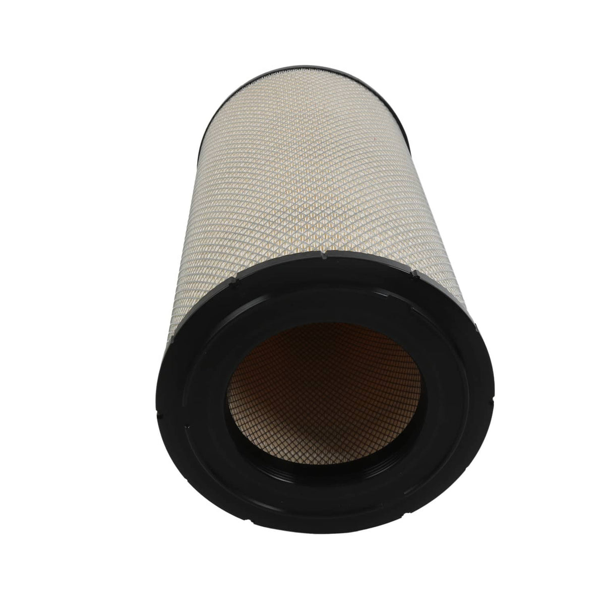 Front view of cylindrical engine air filter with black end cap and tan mesh media