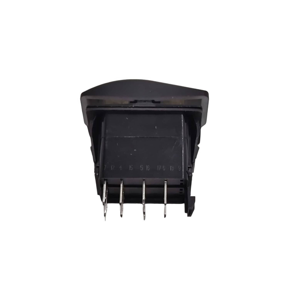 Black window lift switch with row of electrical pins and molded number markings