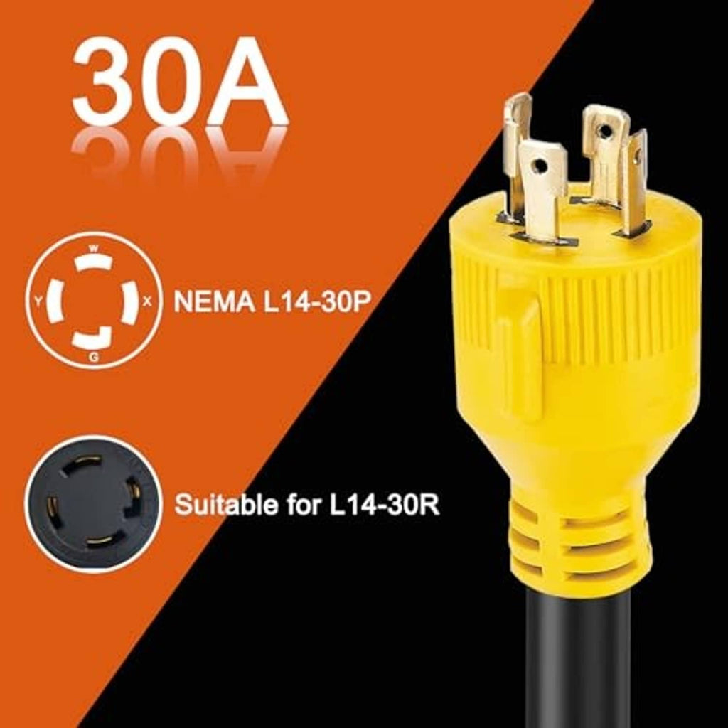 30A NEMA L14-30P to 14-30R adapter cord with yellow 4-prong plugs and black cable