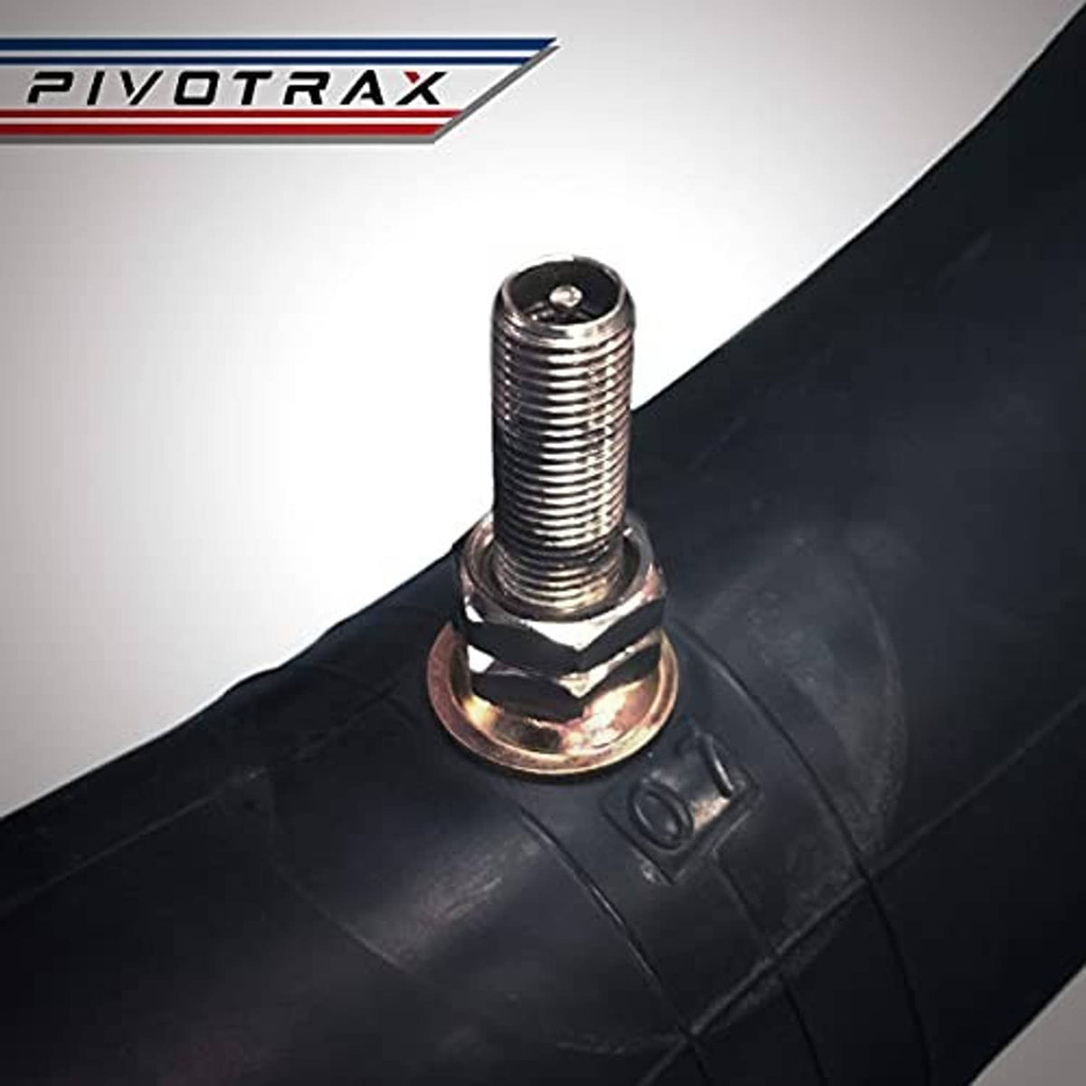 TR4 valve stem base on black motorcycle inner tube with metal nut