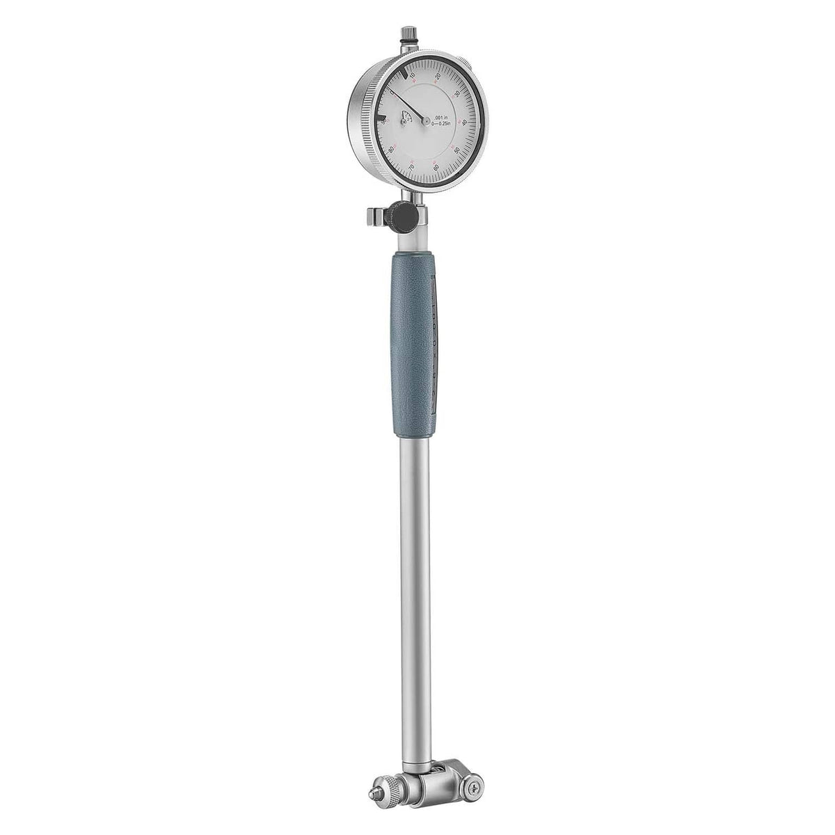 Dial test indicator bore gauge with blue grip and round dial face, full view