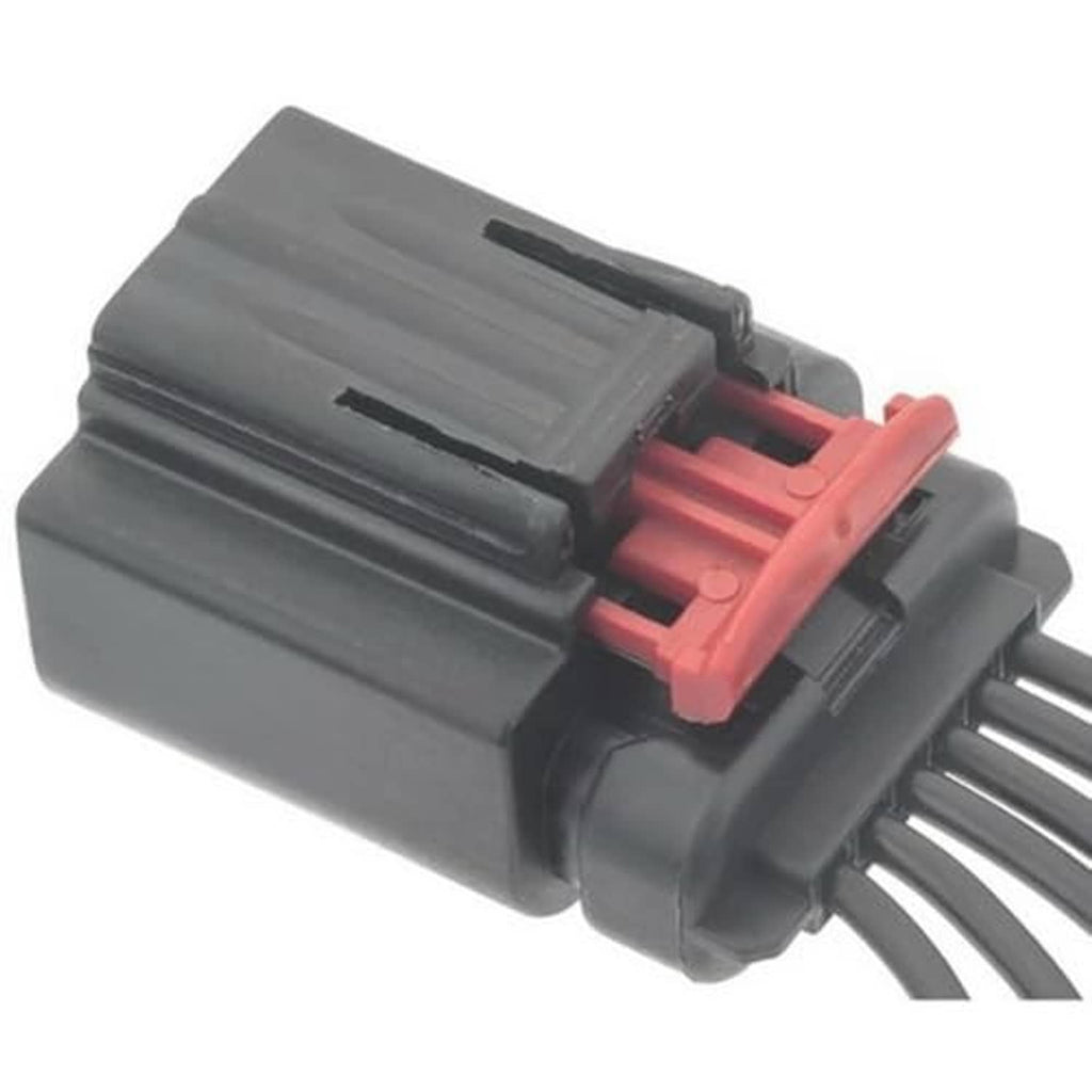 Throttle body actuator connector pigtail side view with red latch, grey housing, wire leads
