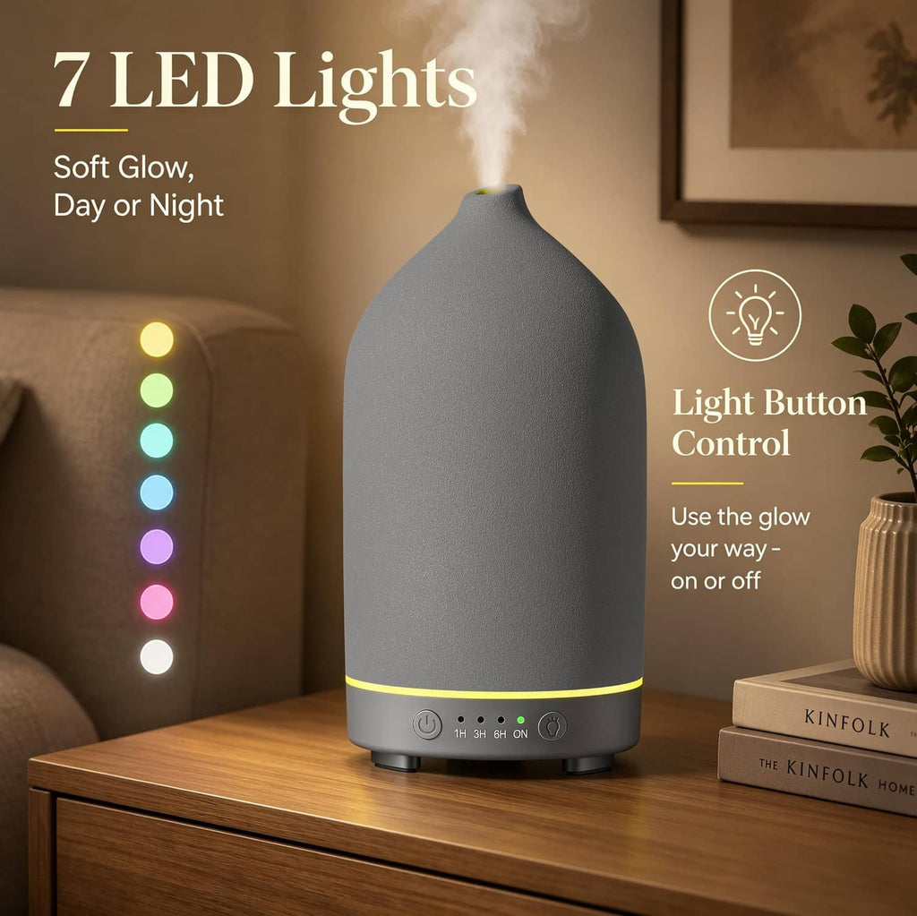 Grey ceramic diffuser with 7-color LED glow and light button control