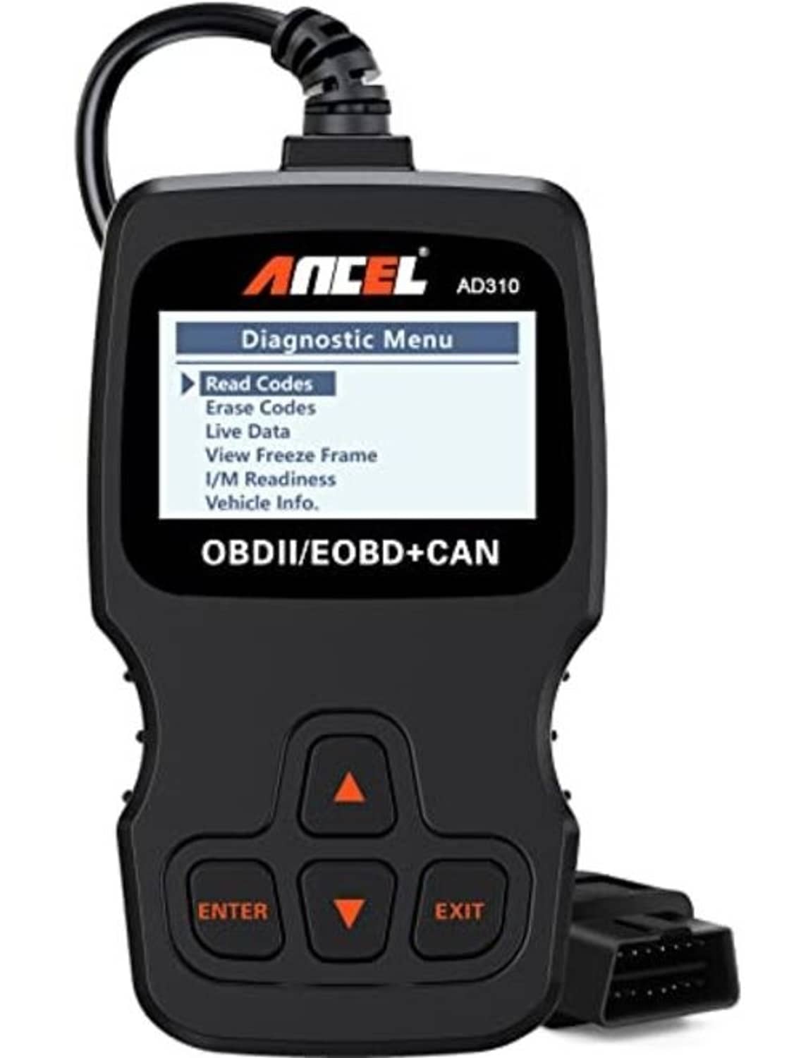 ANCEL AD310 OBD II scanner with diagnostic menu screen and attached OBD connector