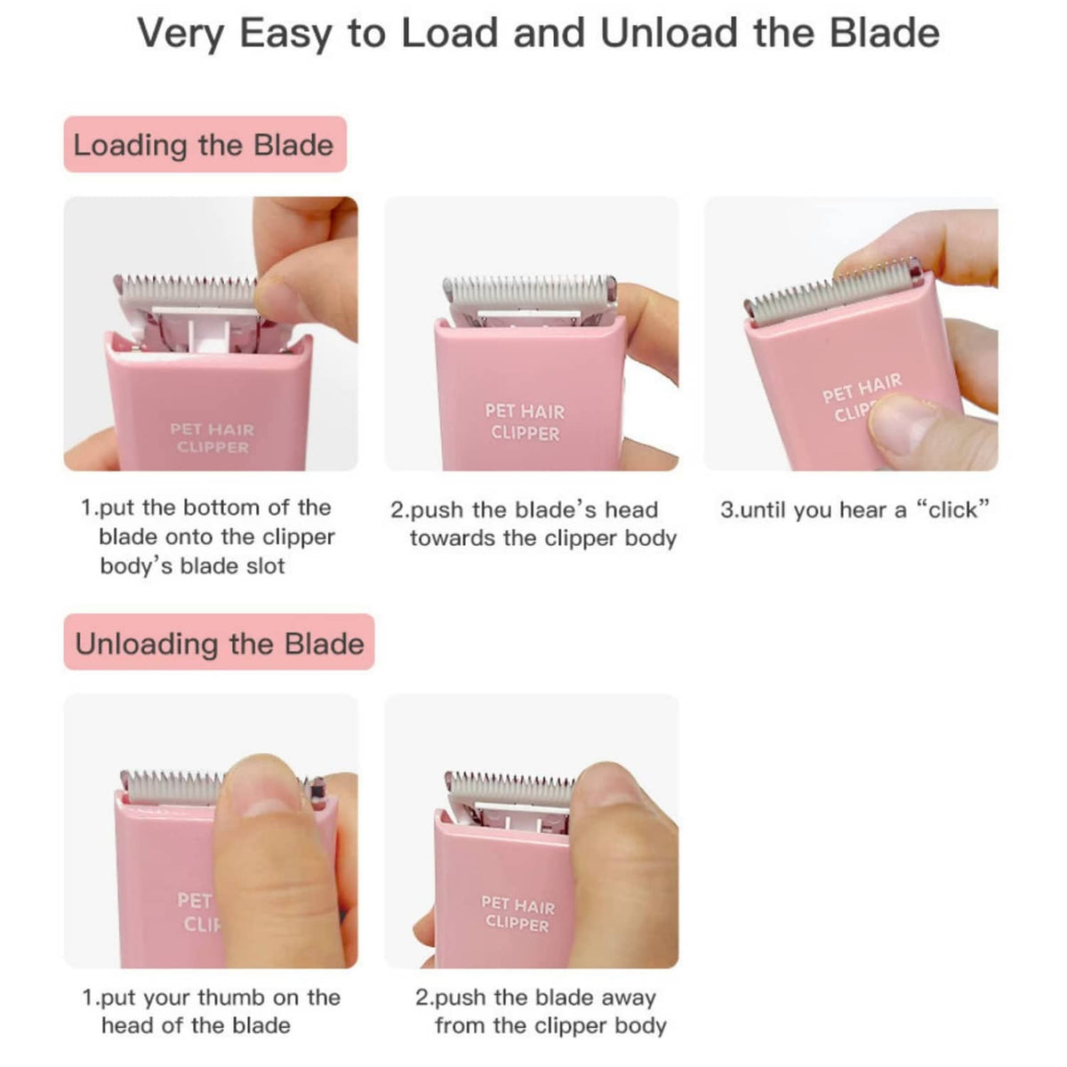 Pet clipper blade loading and unloading, shown with hands and detachable head