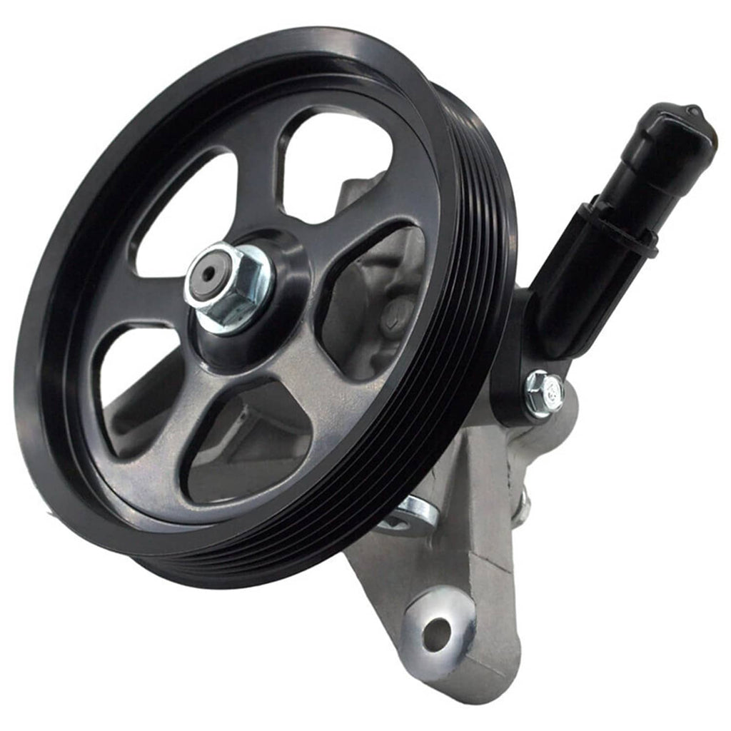 Power steering pump with black pulley and metal mounting bracket, black hose and fittings