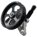 Power steering pump with black pulley and metal mounting bracket, black hose and fittings