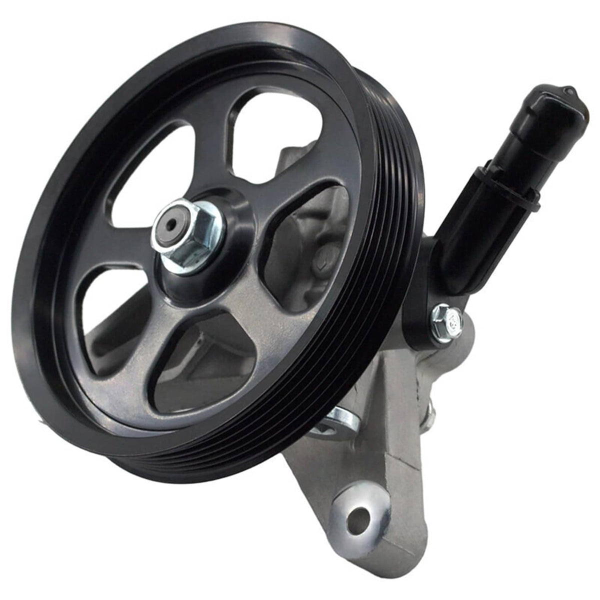 Power steering pump with black pulley and metal mounting bracket, black hose and fittings