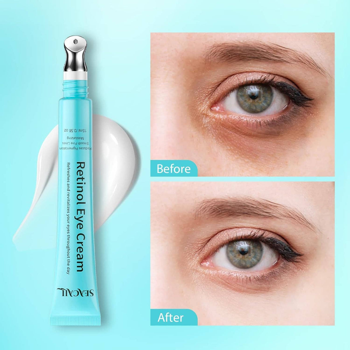 Retinol eye cream bottle and tube beside skin before-and-after panel
