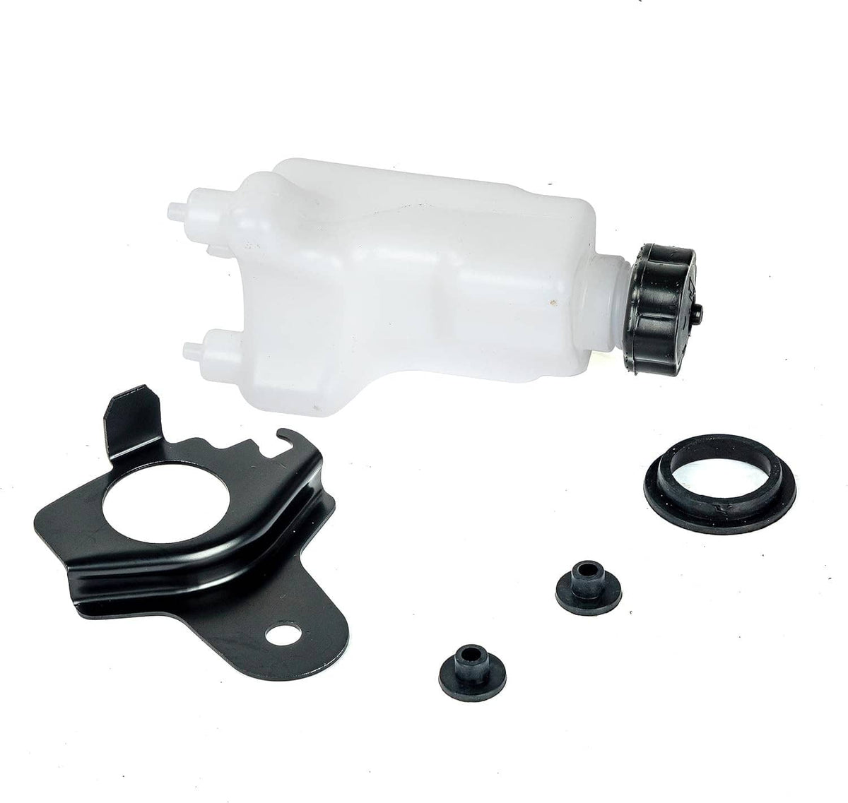White oil tank with black mounting bracket, O-ring and three rubber grommets