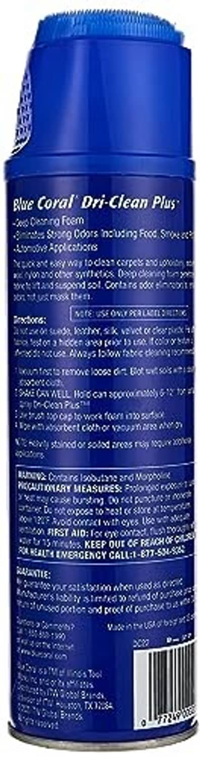 Blue Coral upholstery cleaner spray can back label with directions and ingredients