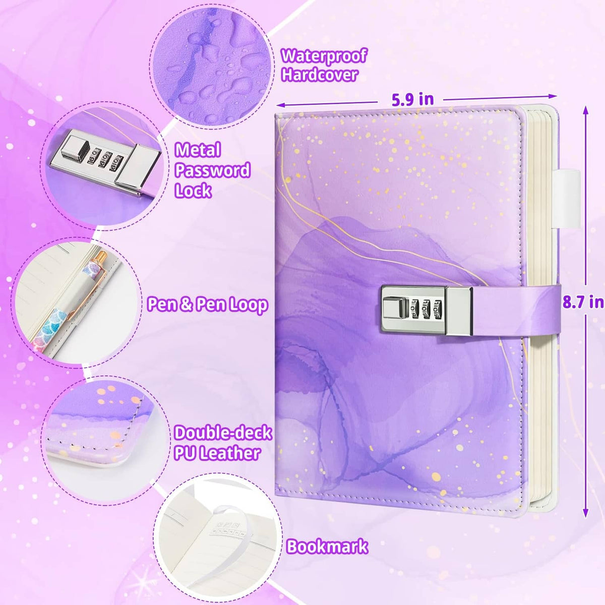 Purple diary showing metal password lock, PU leather, bookmark, and pen-and-pen-loop detail