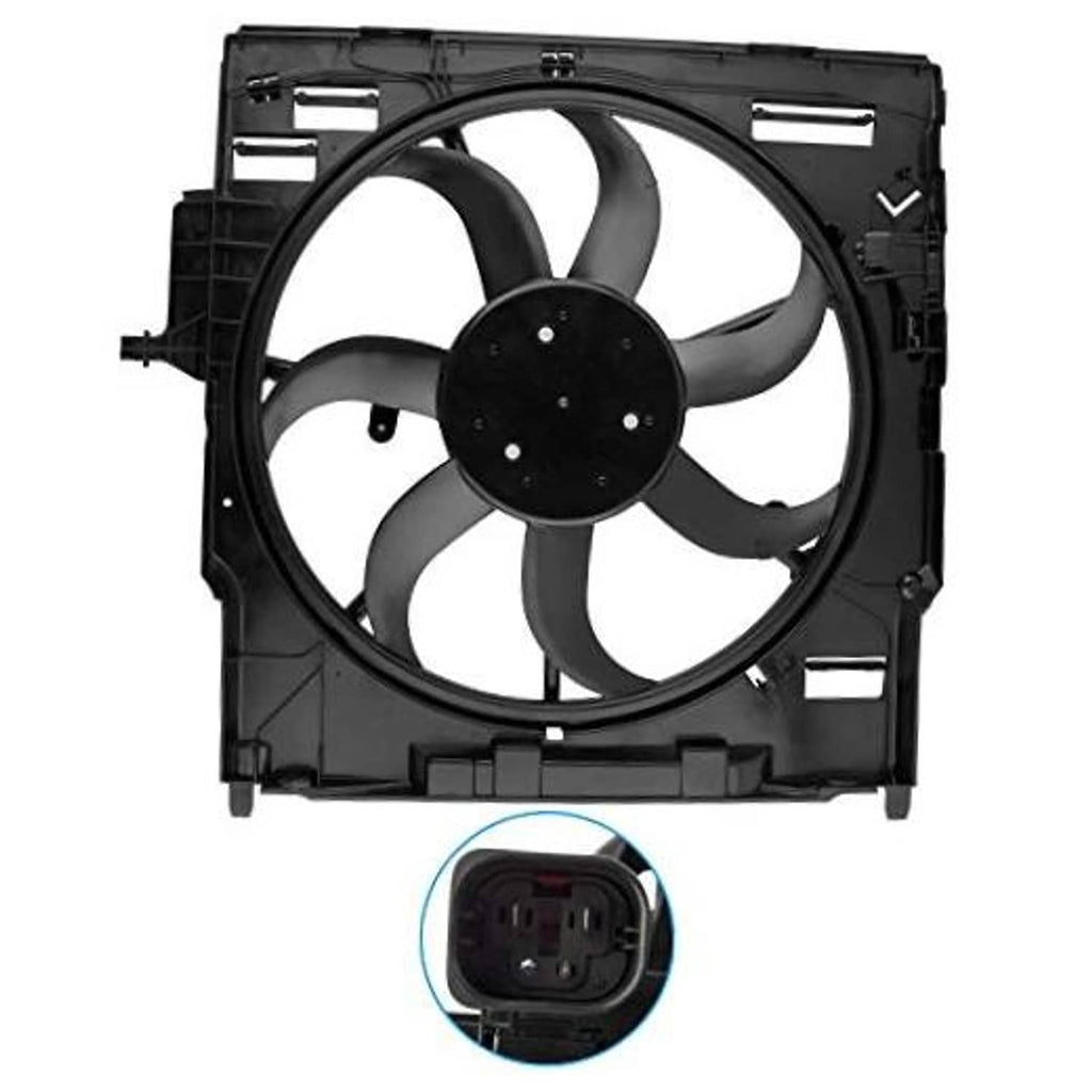 Engine radiator cooling fan assembly with black multi-blade fan and mounting shroud