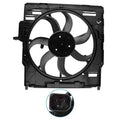 Engine radiator cooling fan assembly with black multi-blade fan and mounting shroud