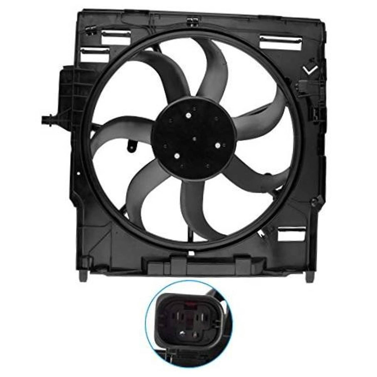 Engine radiator cooling fan assembly with black multi-blade fan and mounting shroud