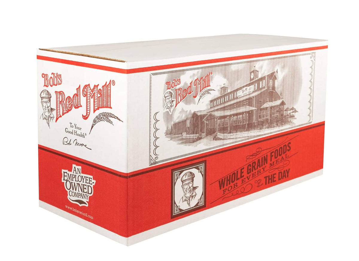 Bob's Red Mill steel cut oats shipping box, white and red package with logo