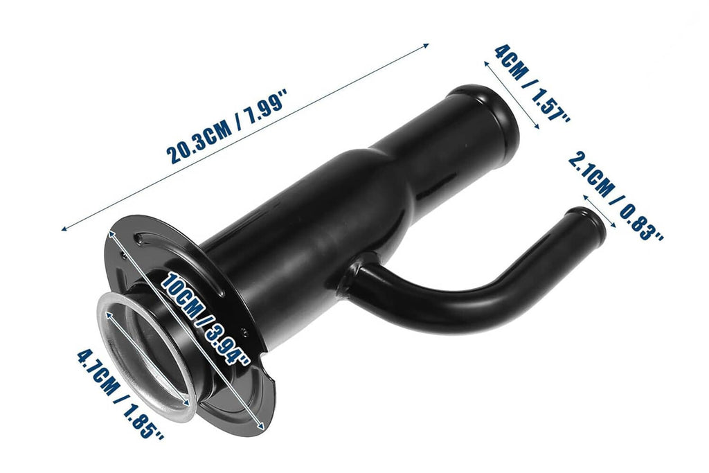 Fuel tank filler neck pipe with flange and curved black elbow tube, size shown
