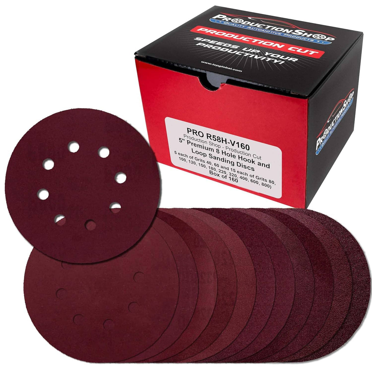 Assorted grit 8-hole sanding discs, red, with round stacked disc assortment