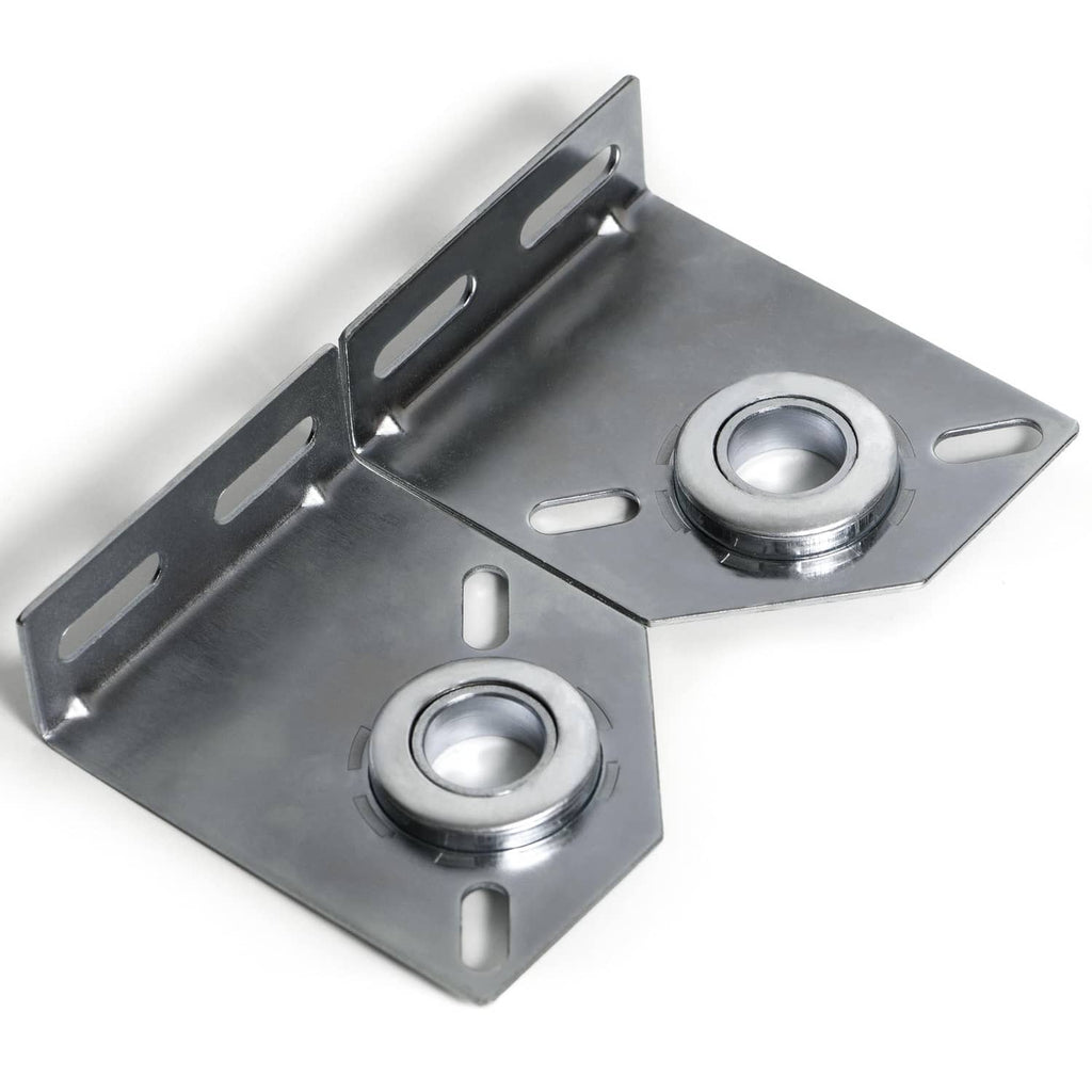 Two silver garage door spring center bearing brackets with circular bearing openings and tabs