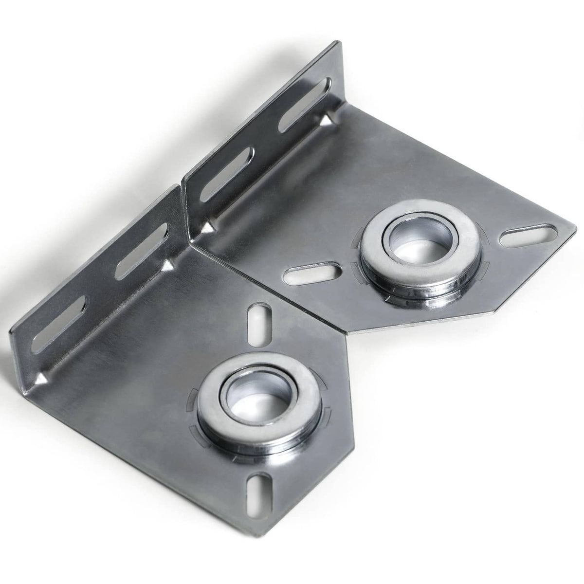 Two silver garage door spring center bearing brackets with circular bearing openings and tabs