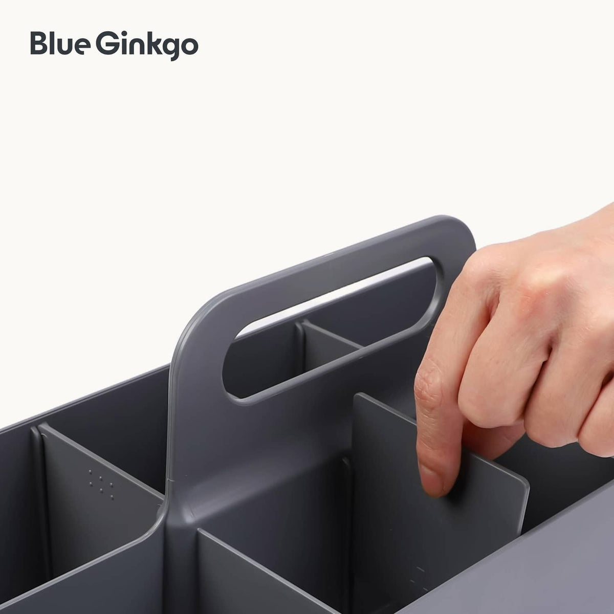 Blue Ginkgo long grey caddy close-up with handle and interior divider sections